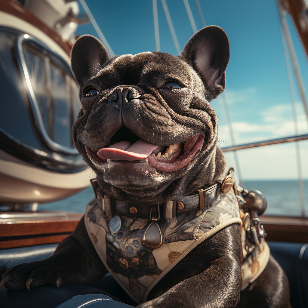 Happy grey French Bulldog on a yacht