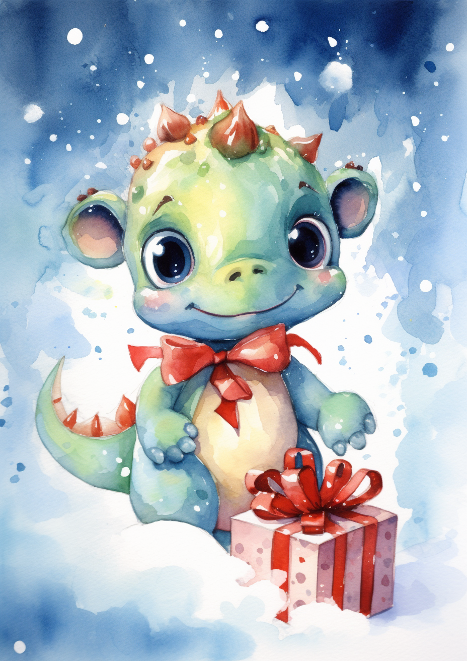 Baby dinosaur with Christmas gift