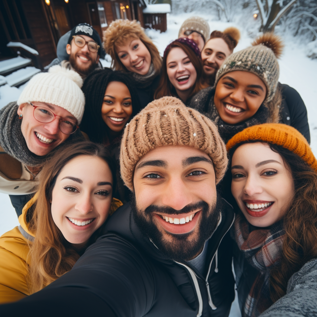 Group of diverse people enjoying a winter selfie