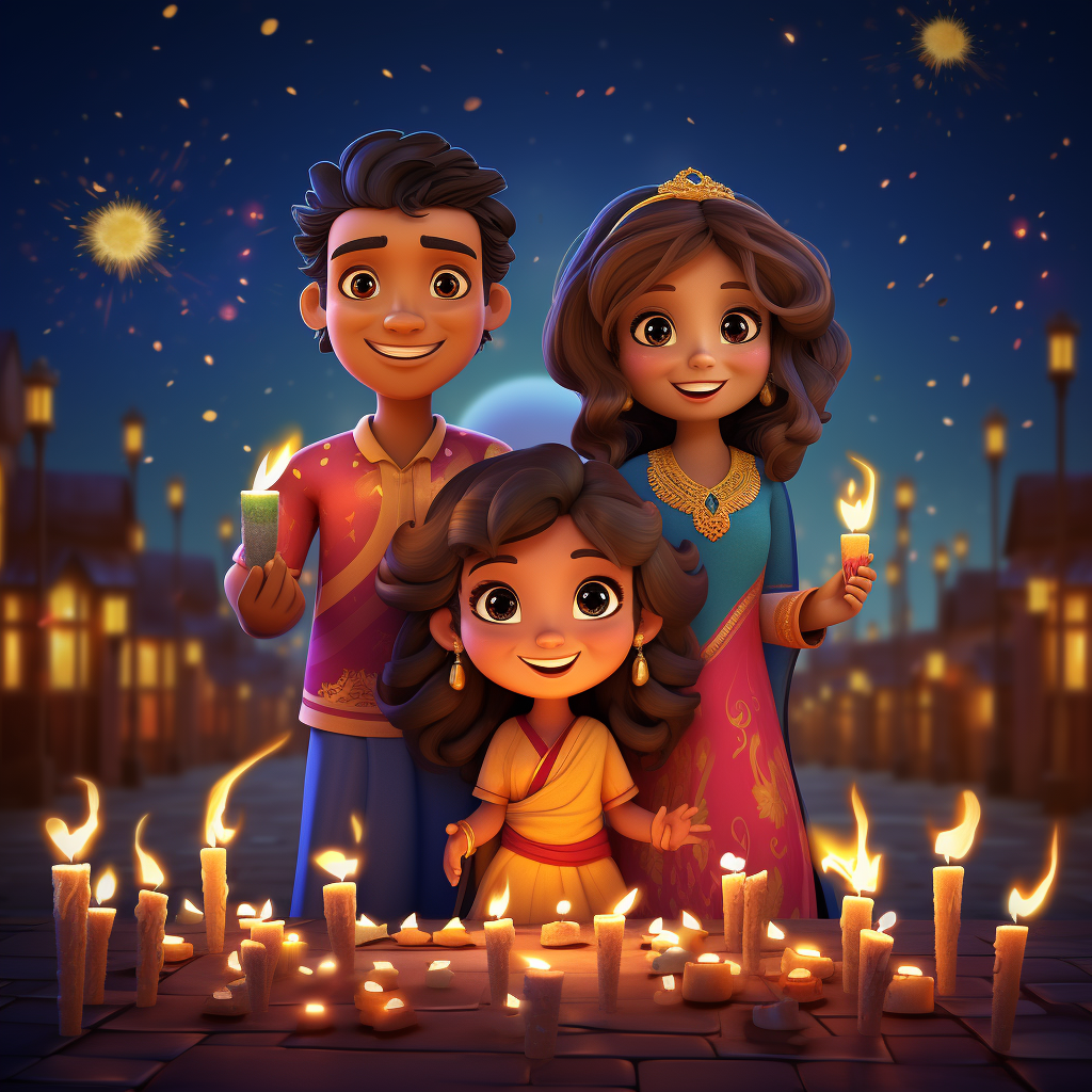 Happy Diwali greeting with diyas, lanterns, and fireworks