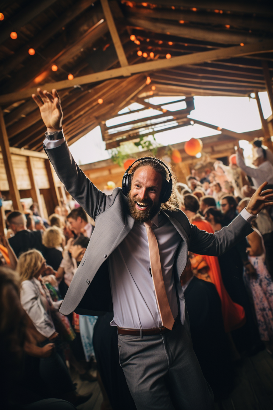 Happy DJ playing at a colorful wedding