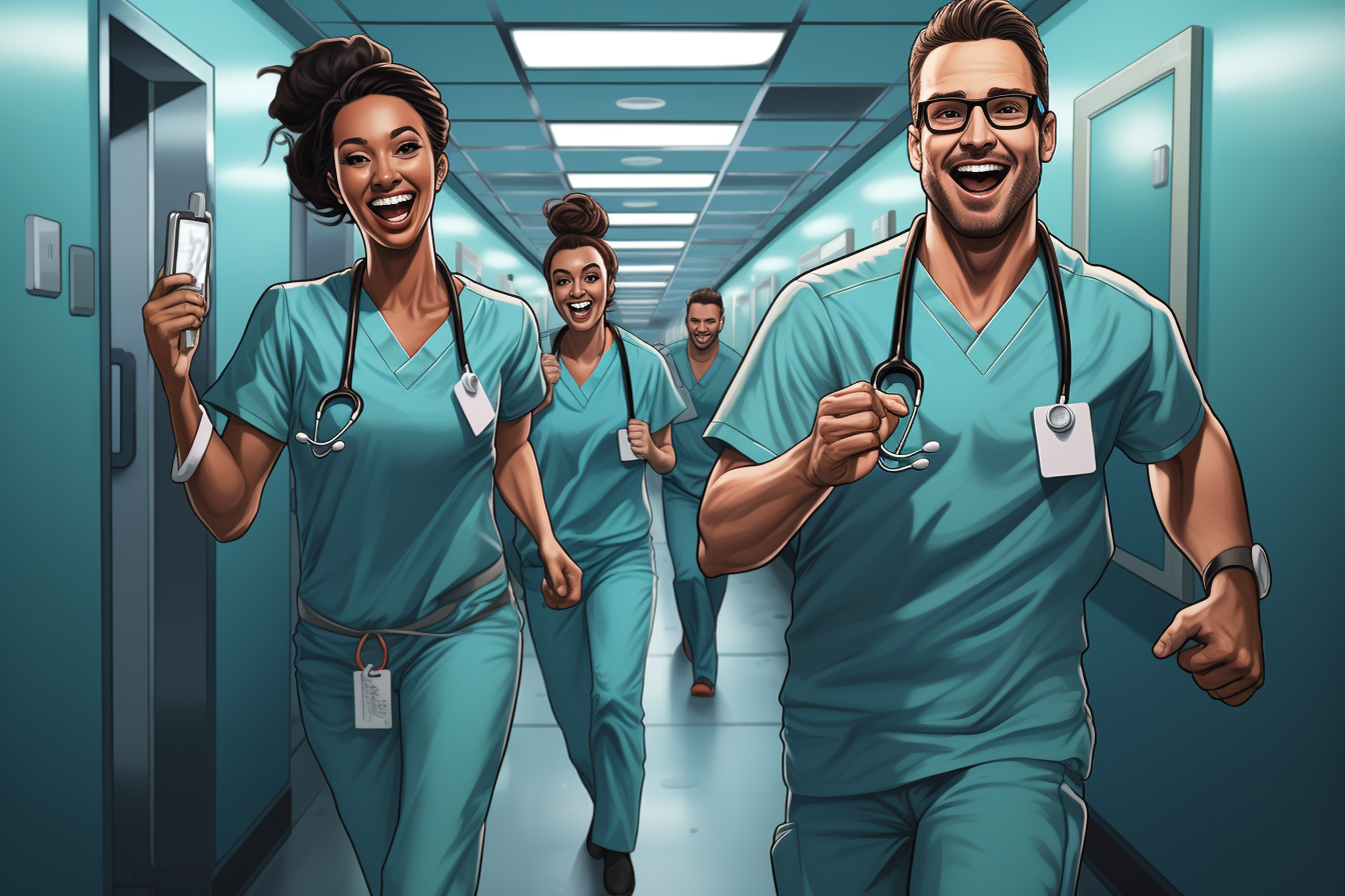 Happy doctors in hospital corridor wearing scrubs