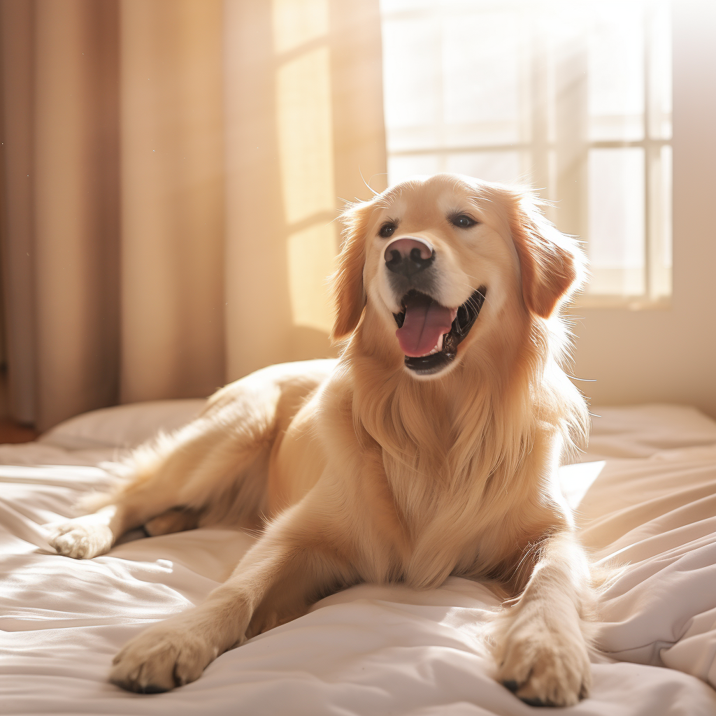 Happy dog on a soft beige bed