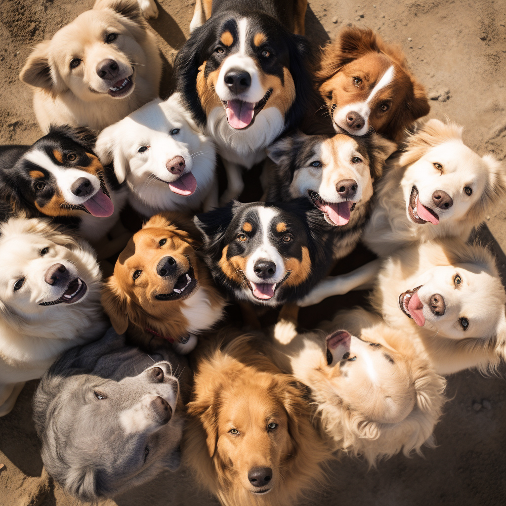 Group of happy dogs in heart-shaped formation