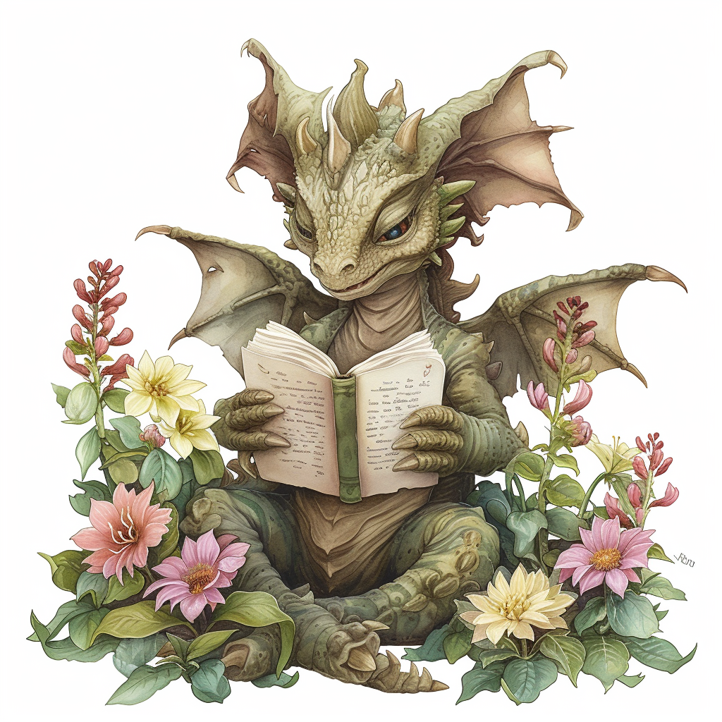 Happy dragon reading book surrounded by spring flowers