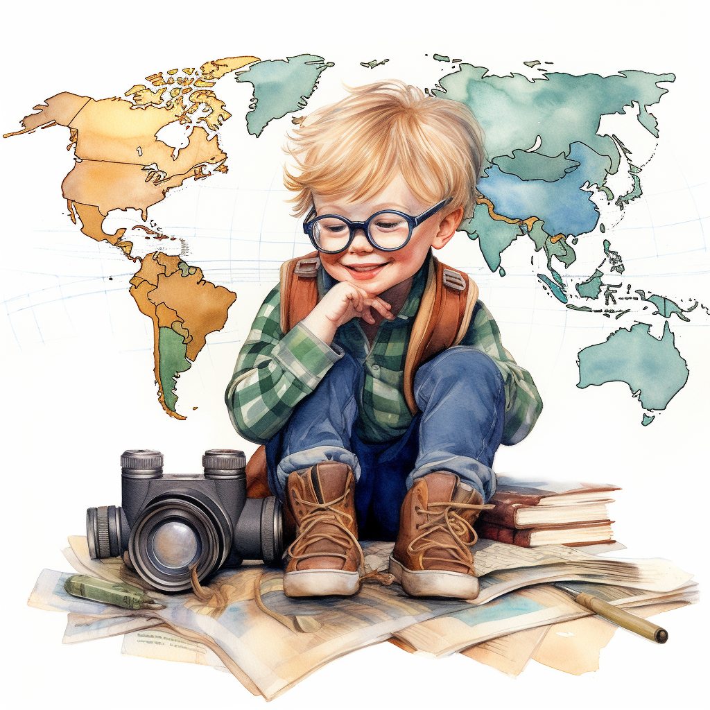 Smiling boy explorer with map and compass