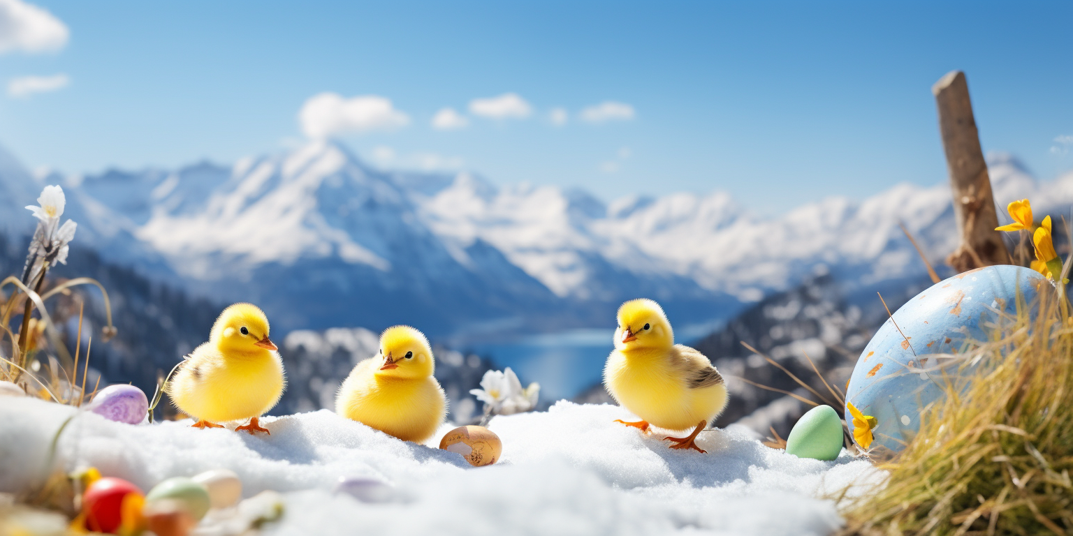 Happy Easter Chicks and Eggs in Snowy Landscape