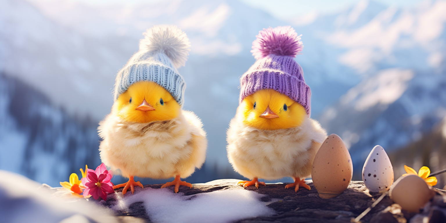 Two Happy Easter Chicks with Woolen Hats, Scarfs, and Mittens