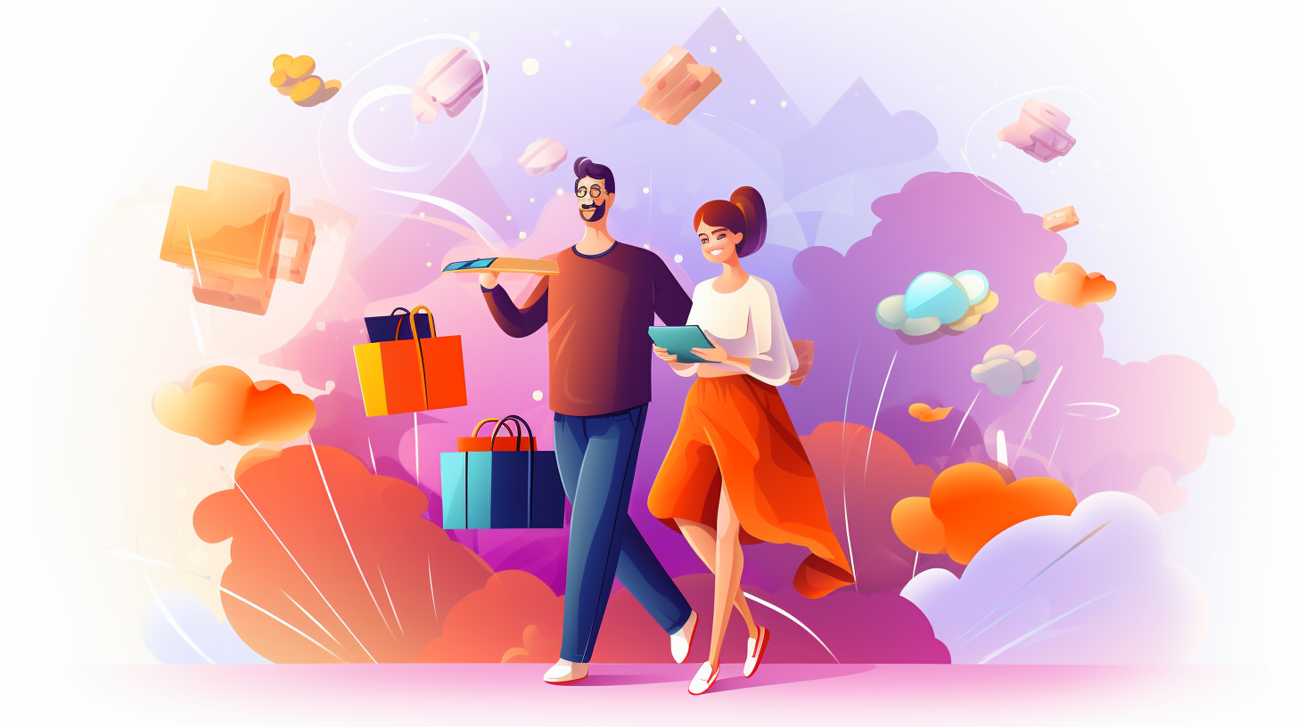 Illustration of happy e-commerce customers shopping online