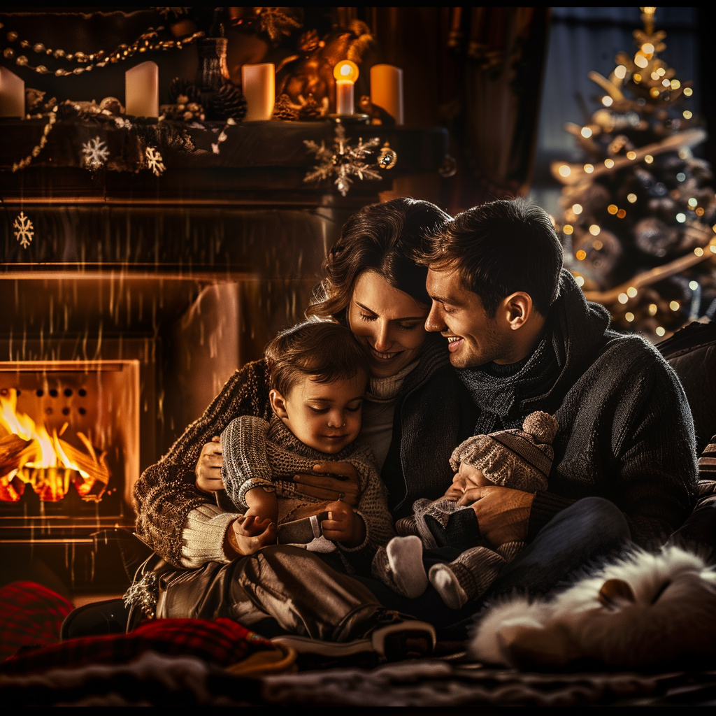 Happy family looking at fireplace