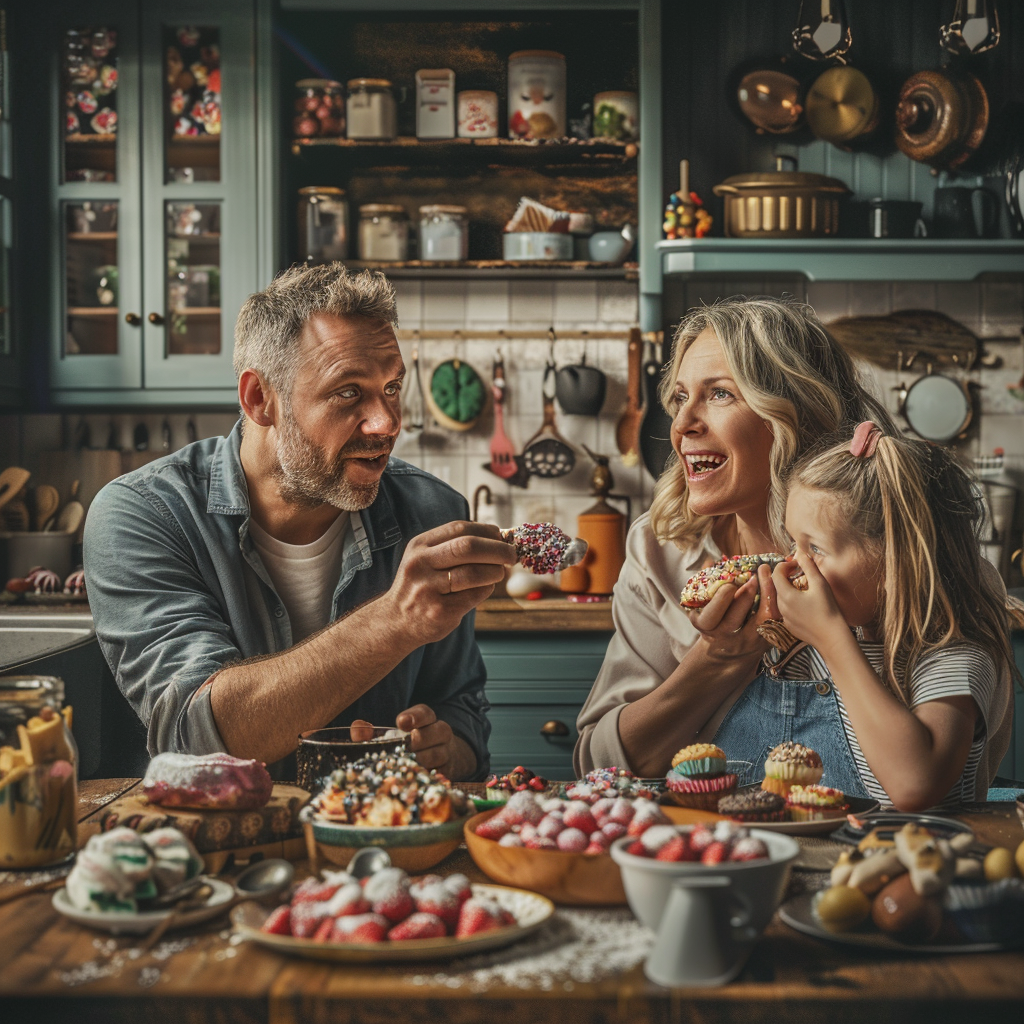 family enjoying sweets in kitchen