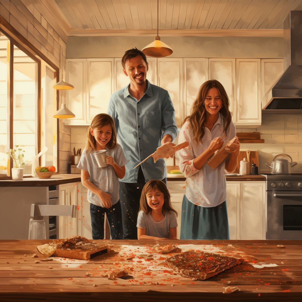 Happy family using paper towels to clean kitchen spill