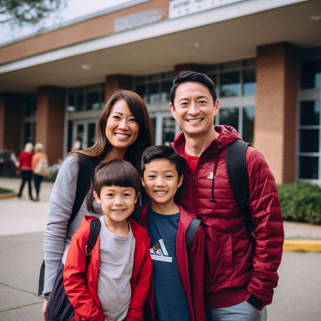 Smiling family in front of school  ?