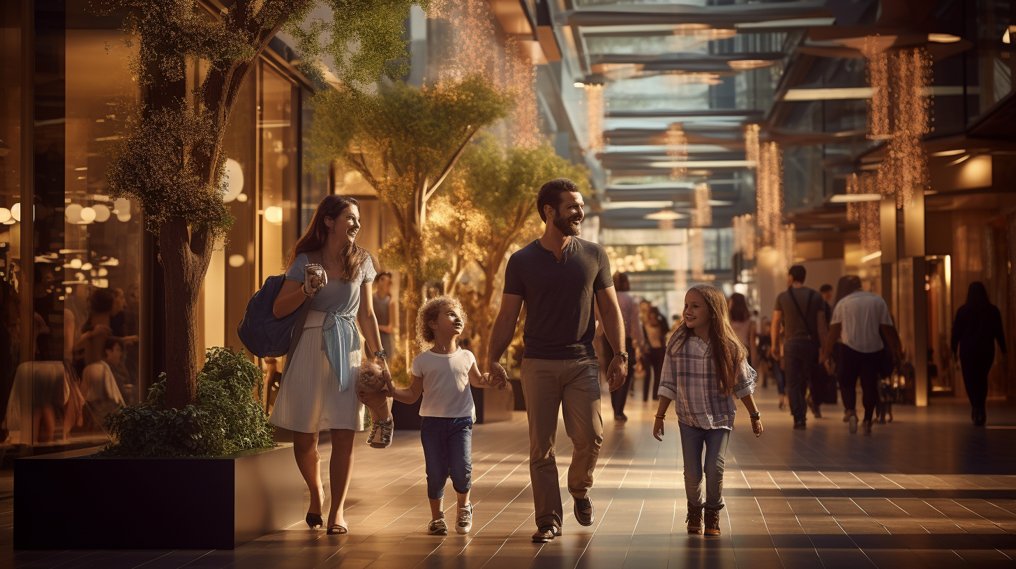 Happy family walking in shopping center