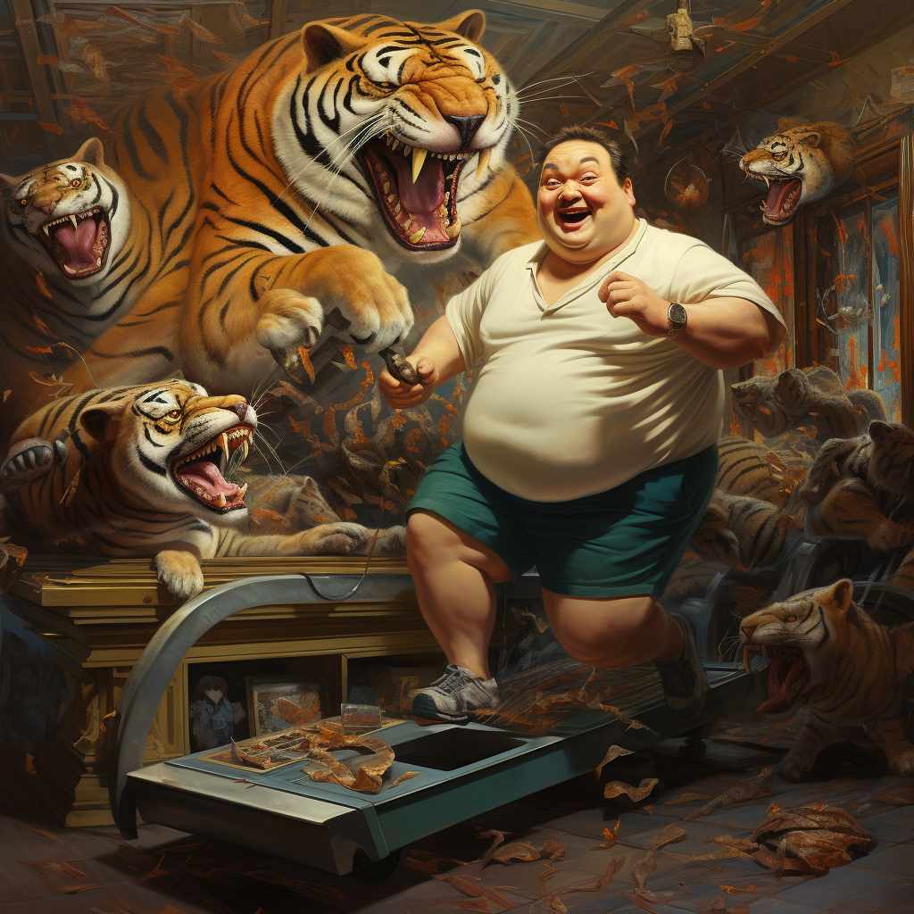 Fat man running from tigers on a treadmill