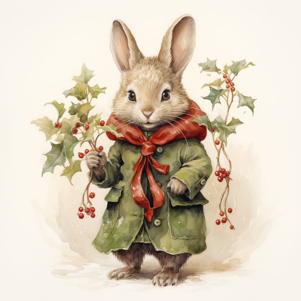 Adorable rabbit in velvet coat with holly