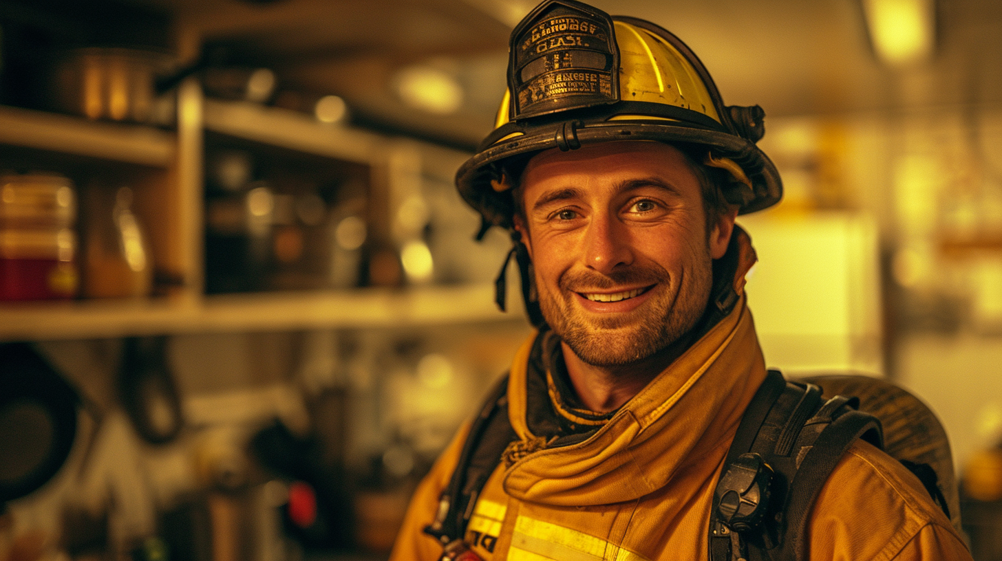 Happy firefighter in modern kitchen