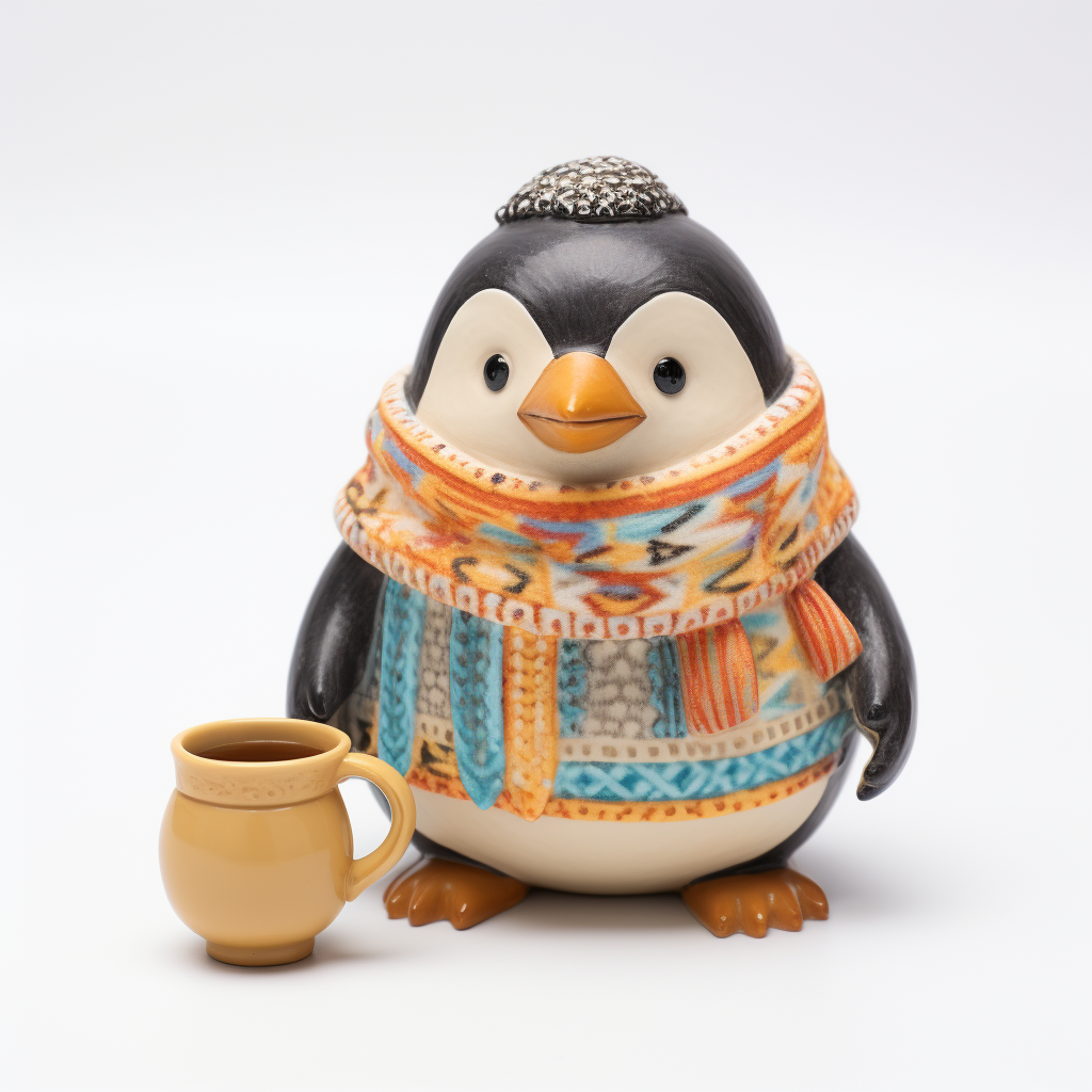 Cute toy penguin with hot chocolate cup