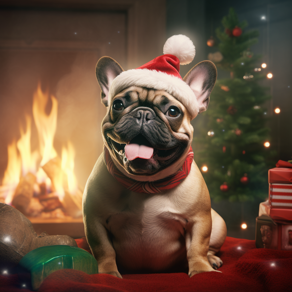 Adorable French Bulldog in Santa Hat by Warm Fireplace