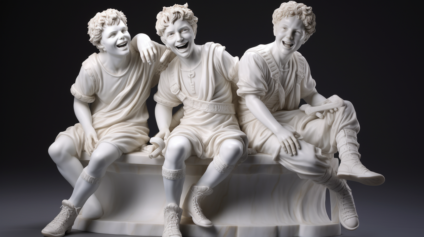 Three happy friends sitting and laughing statues