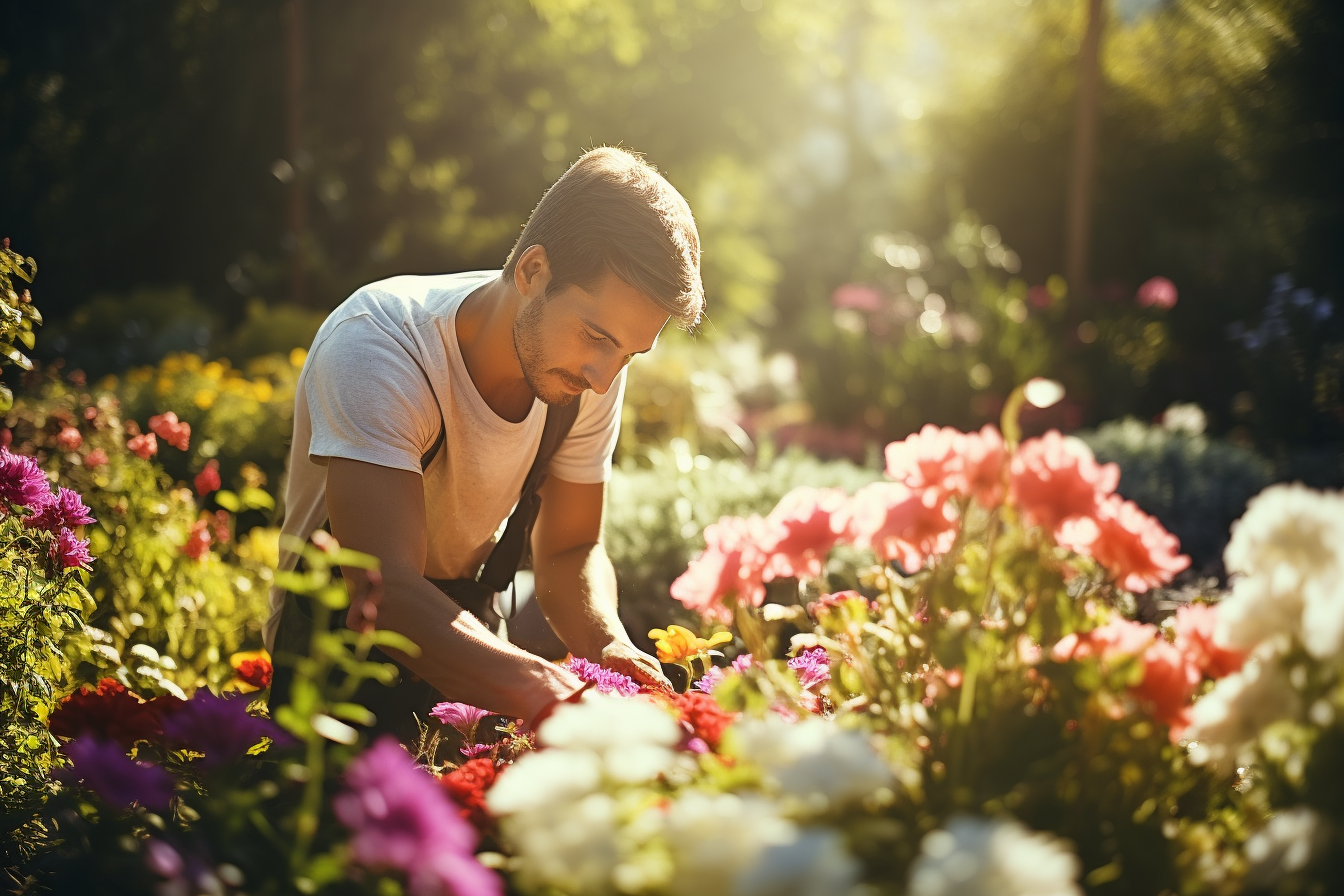 Happy gardener pruning flowers in colorful garden