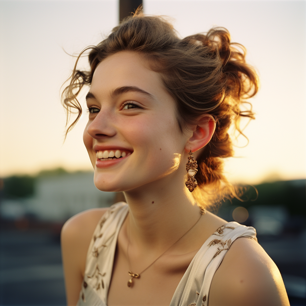 Beautiful happy girl with golden earrings enjoying the golden hour