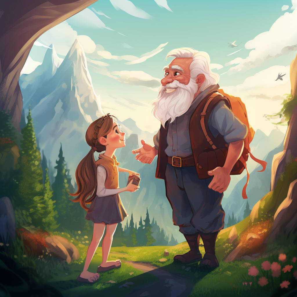 Illustration of a happy girl meeting a wise old man