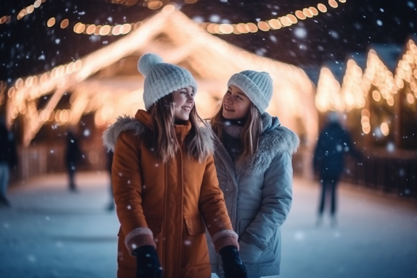 Two happy girls ice skating in winter wonderland