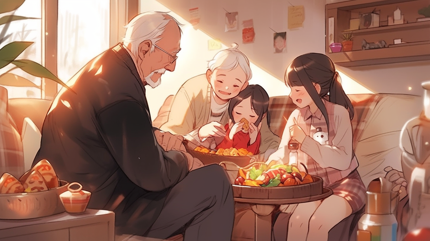 Happy Grandfather Giving Chocolate to Little Girl