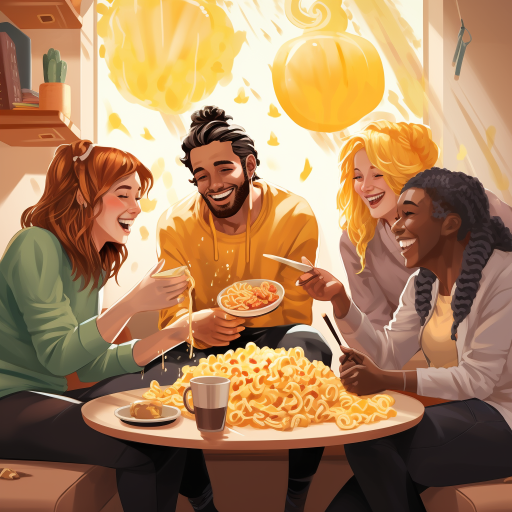 Happy group of friends enjoying Mac and Cheese