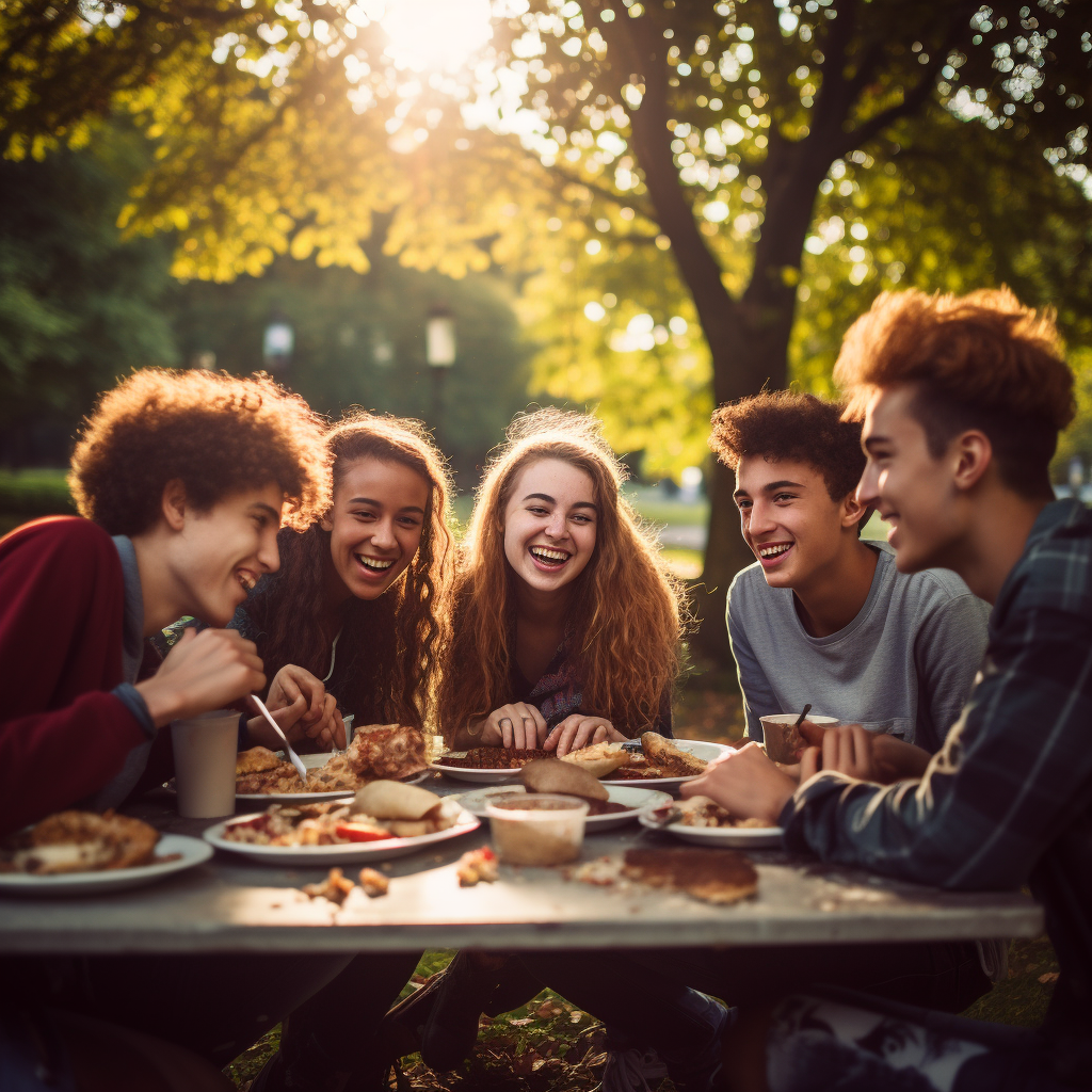 Happy Group of Teenagers Eating Nutritious Food in a Park