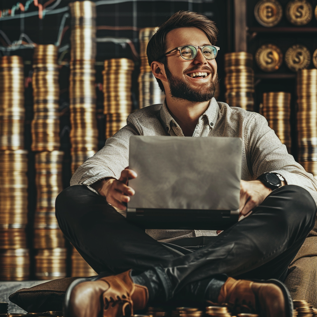 Happy guy trading on laptop