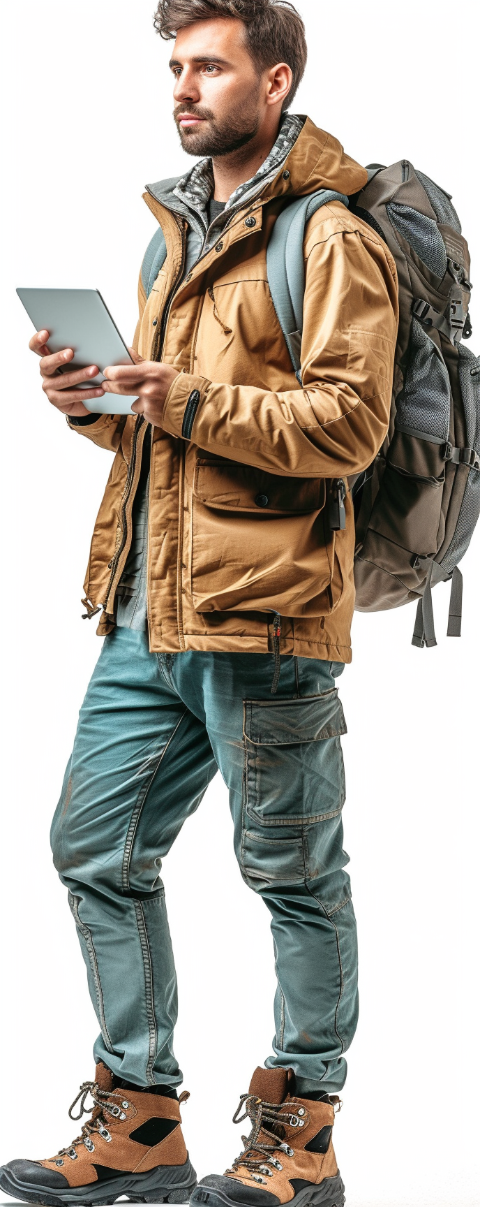 Happy handsome man holding tablet