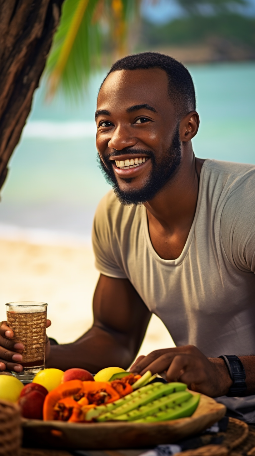 Black man eating fruit on beach