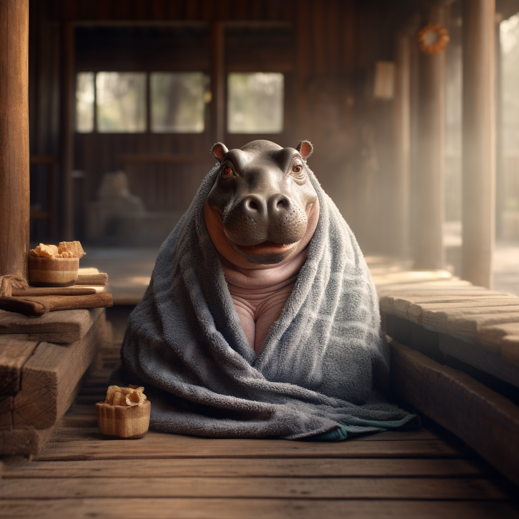 Smiling hippo enjoying sauna time