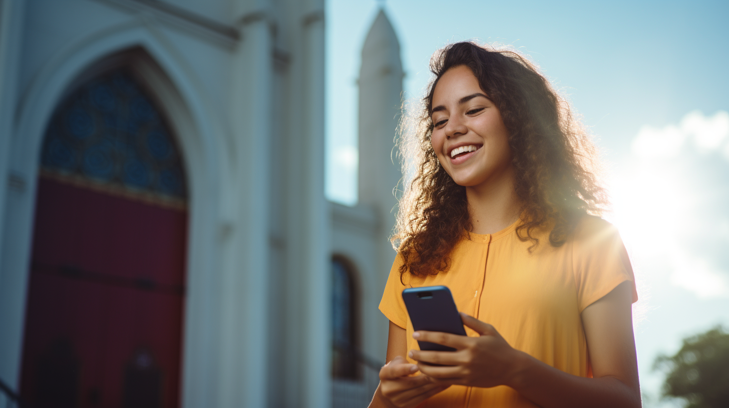 Happy Hispanic Female Checking iPhone at Church  ?