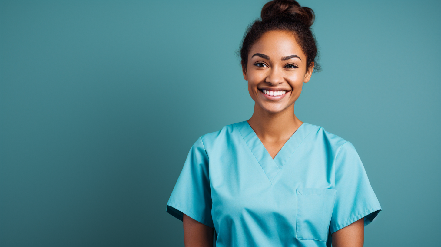 Young nurse in blue scrub smiling