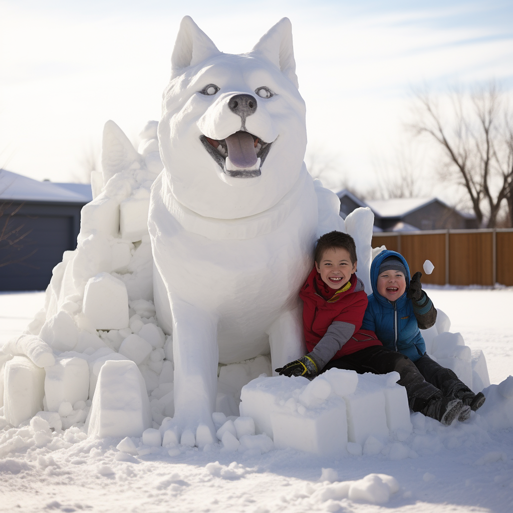 Snow Sculpture of Happy Husky Dog and Boy Playing