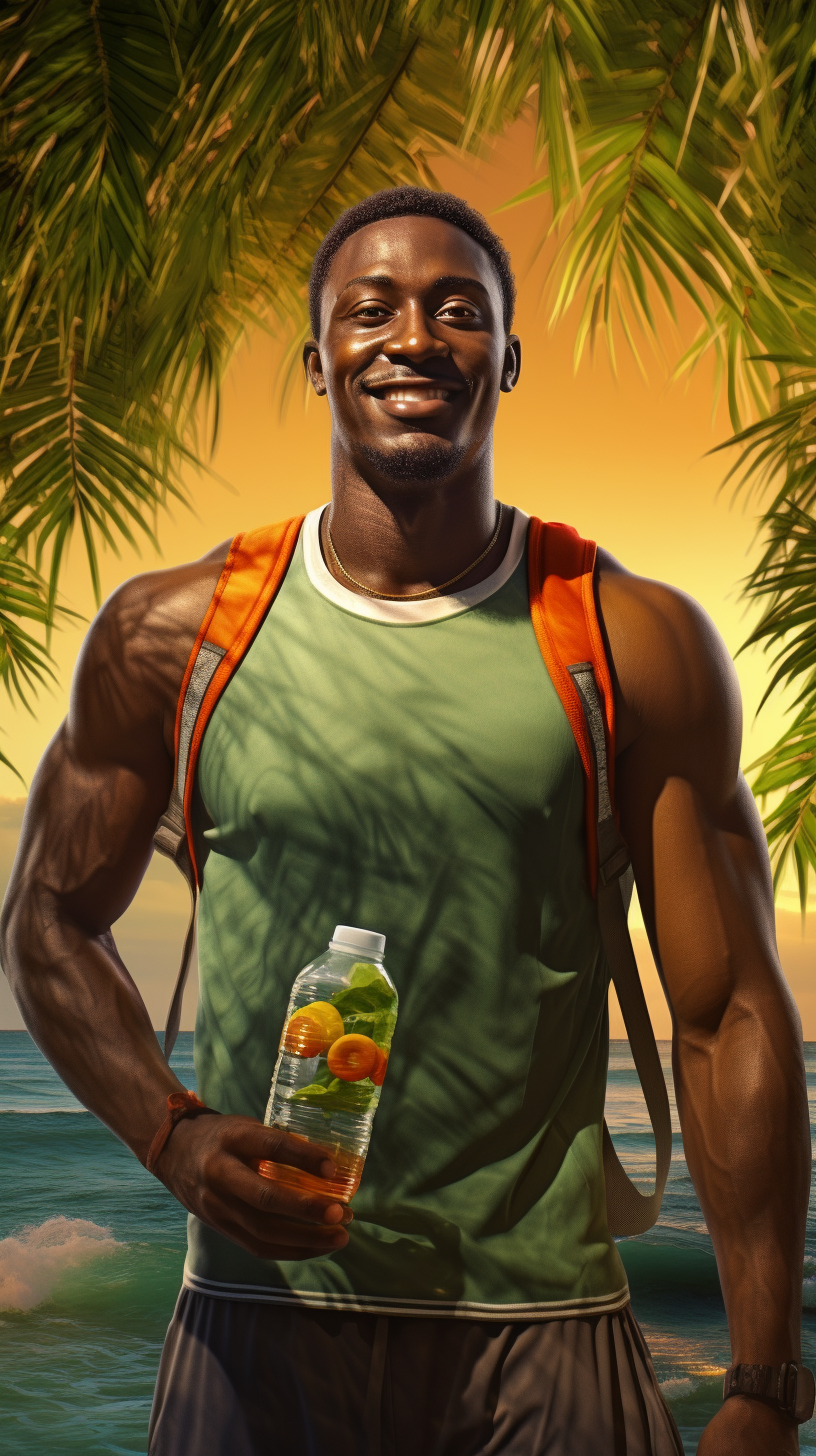 Happy hydrated man in tropical scenery