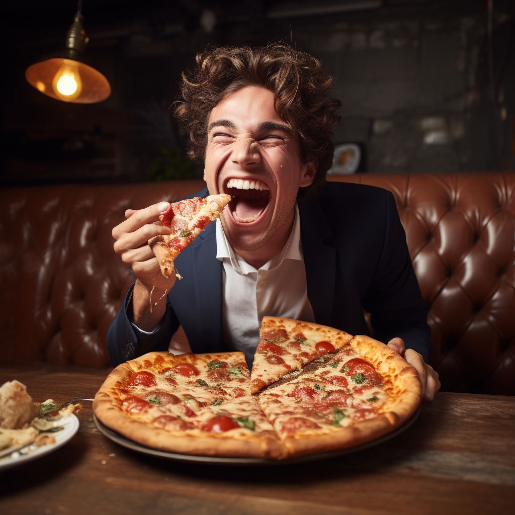 Smiling person enjoying tomato-less pizza