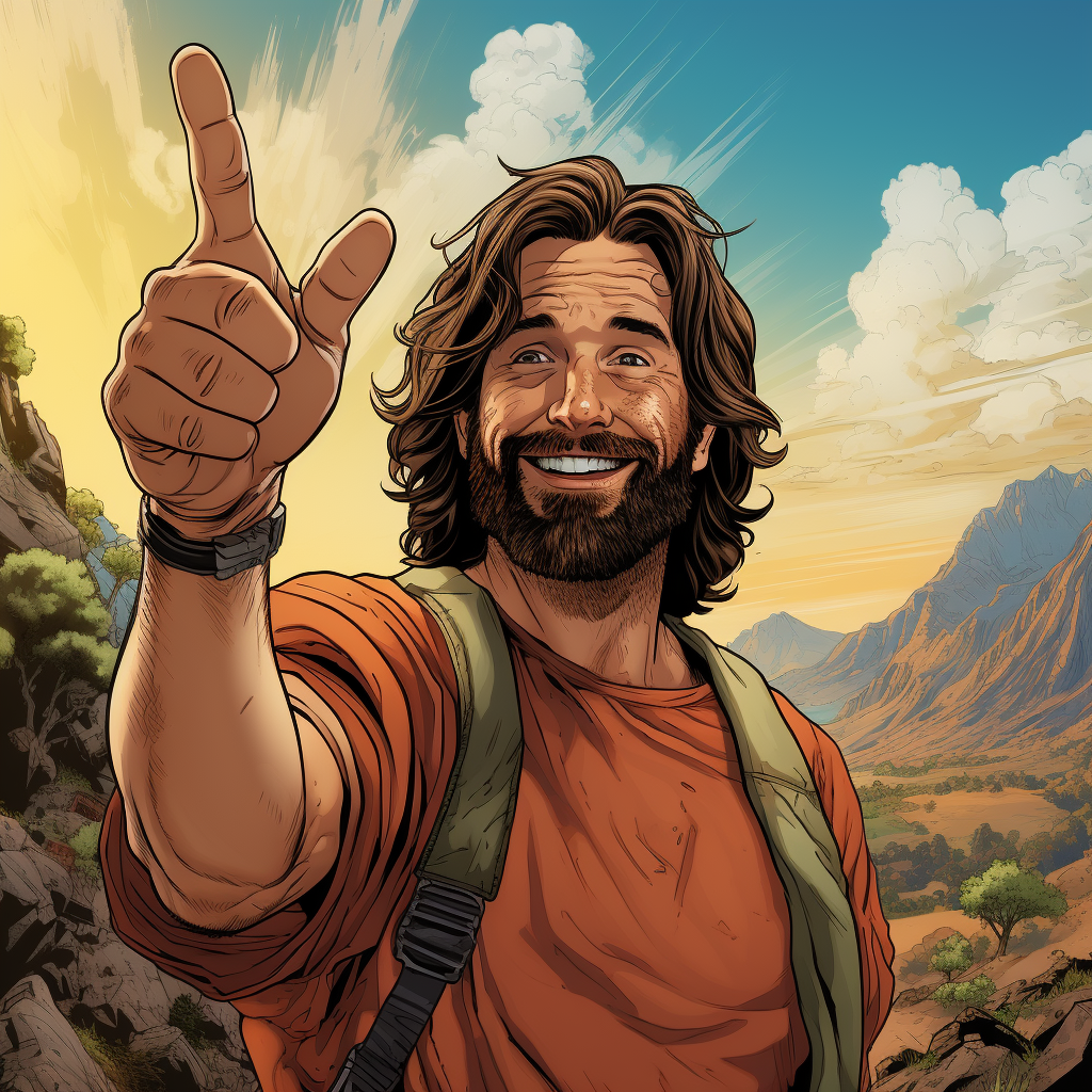 Happy Jesus hitchhiking on the road