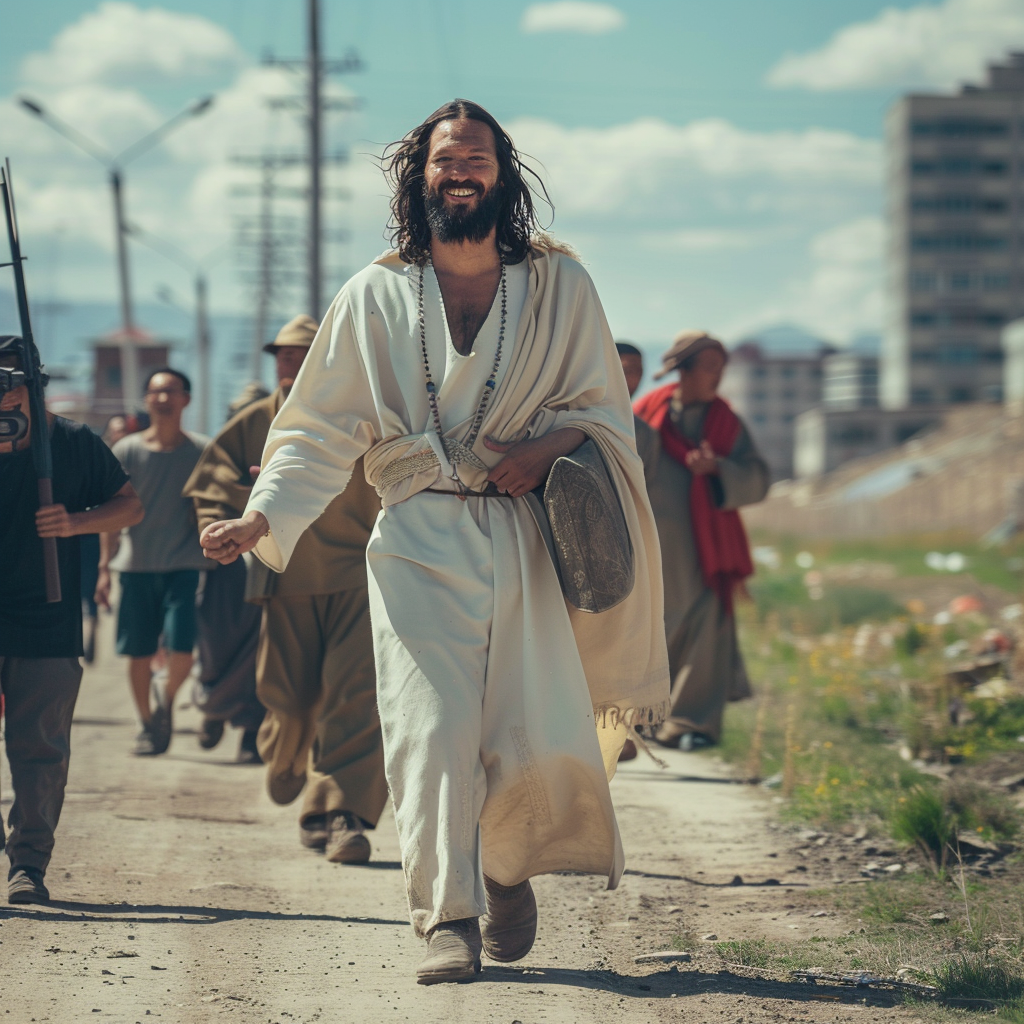 happy walking jesus mongolia city