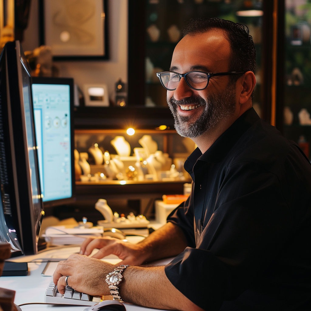 Jeweler at computer smiling