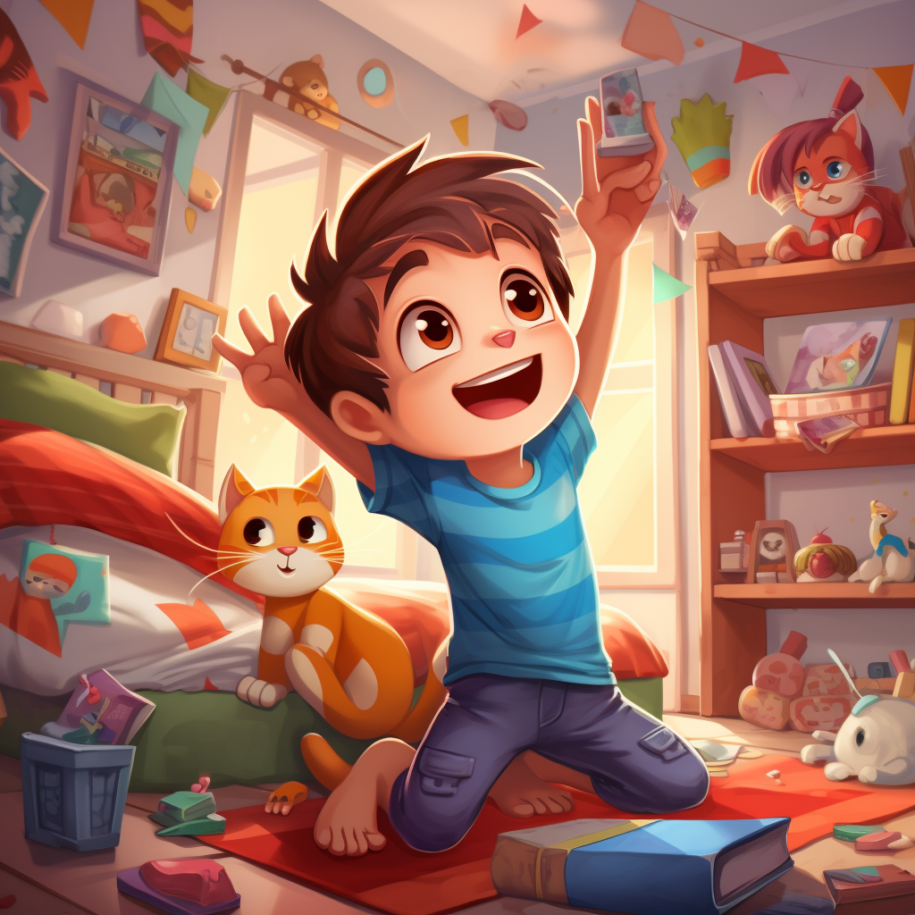 Happy kid in colorful bedroom with a happy cat