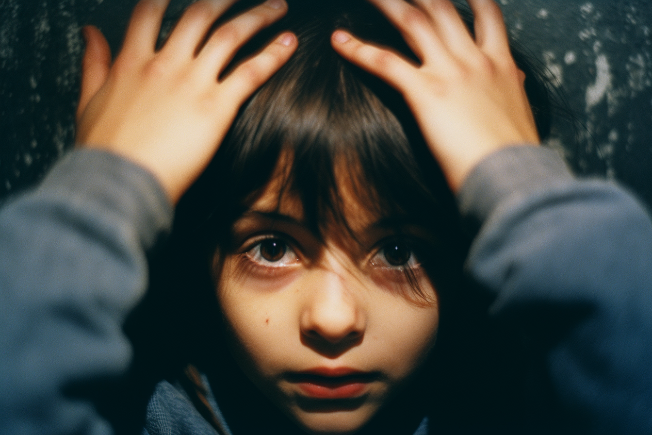 Smiling child with hands raised above head