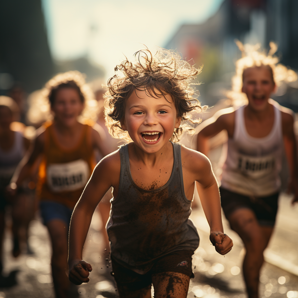 Happy kids crossing the finish line