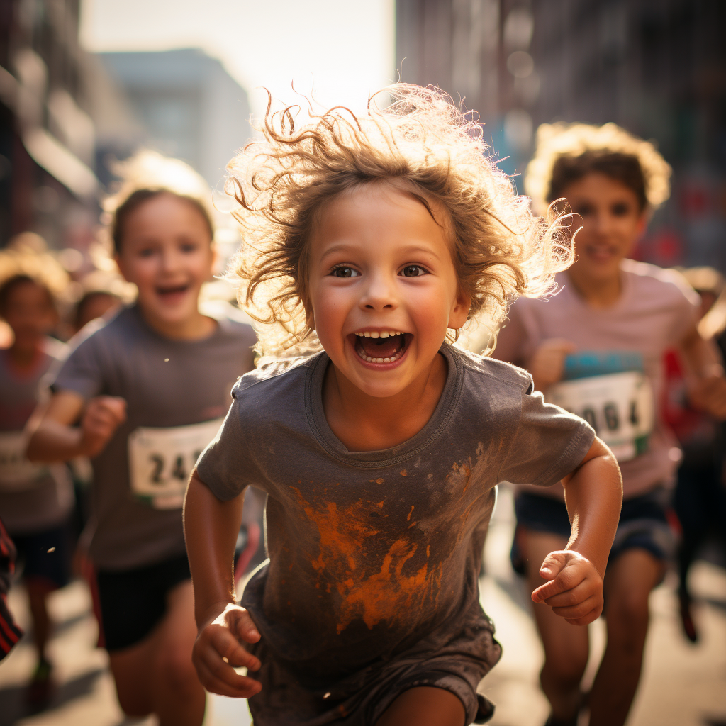 Happy kids racing at the finish line