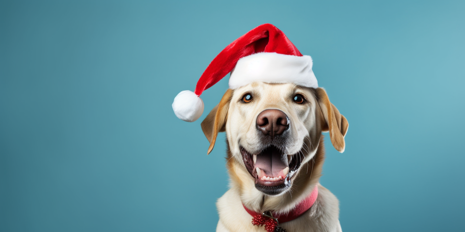 Happy Labrador Retriever in Santa Claus hat and antlers