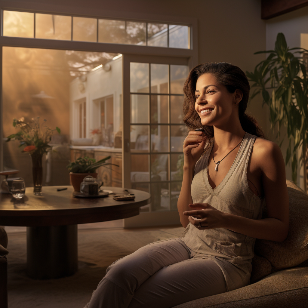 Happy lady talking on phone in living room