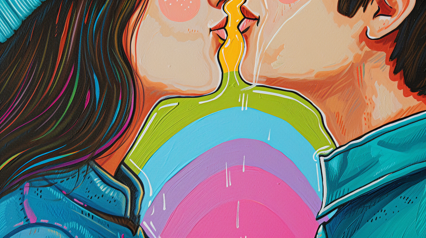 Happy lesbian couple kissing illustration